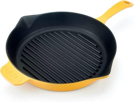 Metal Spring Serisi - Döküm Izgara Tavası, Yuvarlak, 28 cm, Mat Emaye, Parlak Siyah Taban, Sarı