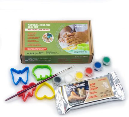 DOĞAL SERAMİK KİL SETİ,BEYAZ 250 GR FIRINLAMAYA GEREK OLMAYAN KİLHAMURU,KALIPLAR,FIRÇA ve 6 BOYA,ŞEKİLLENDİR,KALIPLA,KES,KURUT ve BOYA. MONTESSORİ SINIFLARI İÇİN TOKSİK OLMAYAN DOĞAL KİL KİTİ
