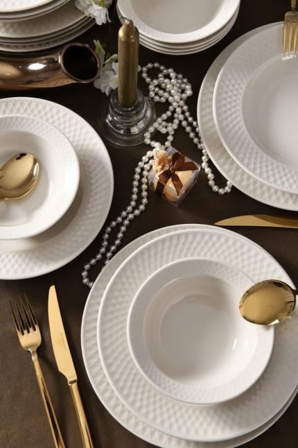 Porselen Verona 18 Parça 6 Kişilik Bone Yemek Takımı - Krem
