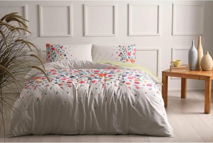 Astin Çiçek Desenli%100 Pamuk Antibakteriyel Kumaşlı Nevresim Takımı, Beyaz, Tek Kişilik (Nevresim: 160x220 cm/Çarşaf: 180x260 cm / 1 Adet Yastık Kılıfı: 50x70 cm)