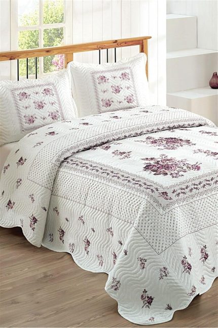Çift Kişilik Microfiber Kapitone Yatak Örtüsü Flower Lila