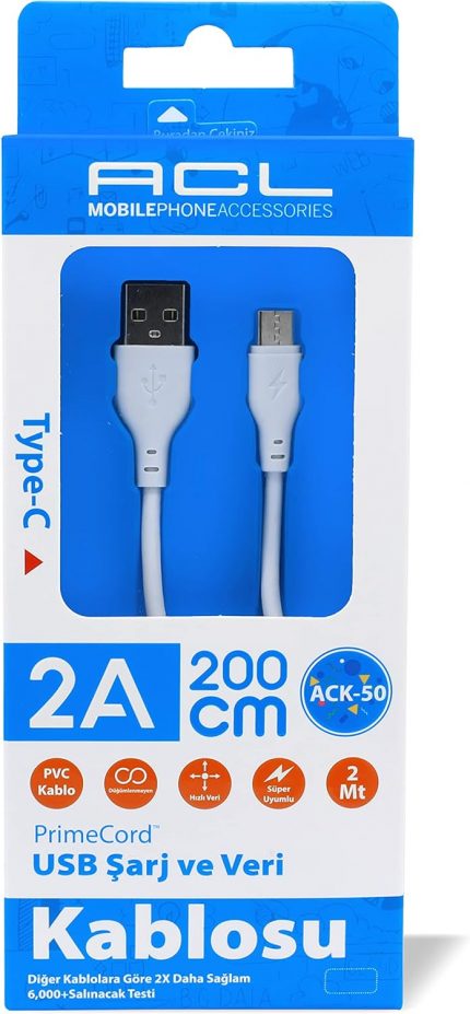 Type-C 2m Hızlı Veri ve Şarj Kablosu 2A