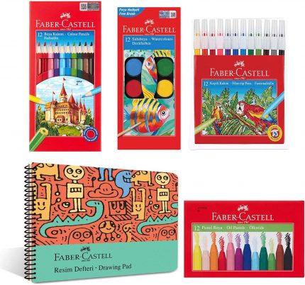 Boyama Seti ve Resim Defteri 25x35 cm, Çocuklar İçin Yaratıcı Eğlence, 12 Renk Suluboya, Boya Kalemi, Pastel Boya, Keçeli Kalem ve 30 Yaprak Defter